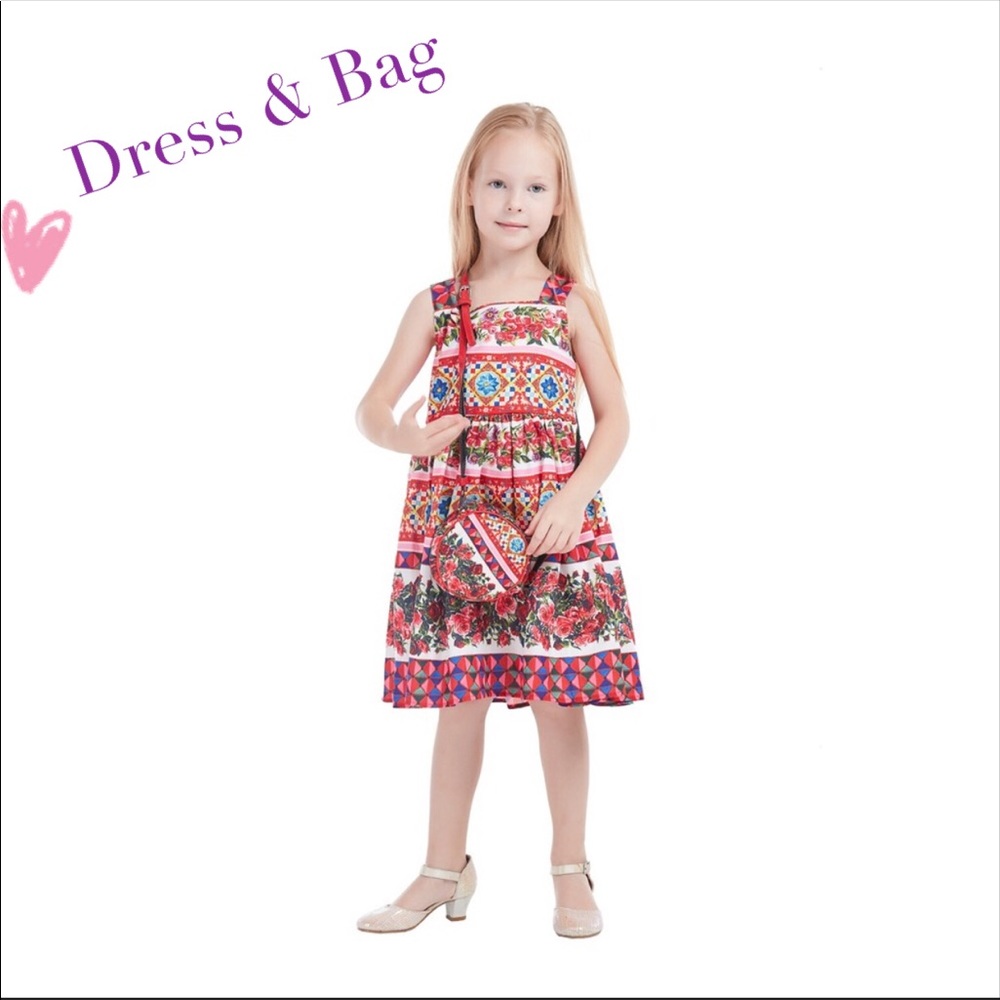 Girls red floral summer party dress with cross bag